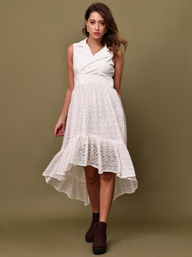 Pearl Glow High Low Lace  Midi Dress